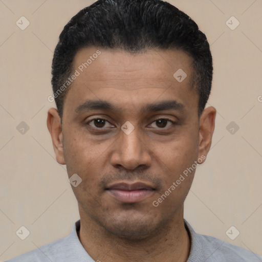 Neutral latino young-adult male with short  black hair and brown eyes