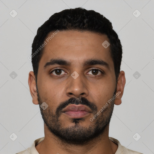 Neutral latino young-adult male with short  black hair and brown eyes