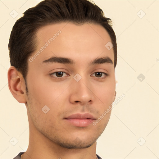 Neutral white young-adult male with short  brown hair and brown eyes