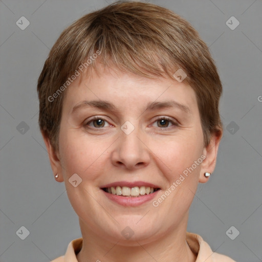 Joyful white young-adult female with short  brown hair and grey eyes