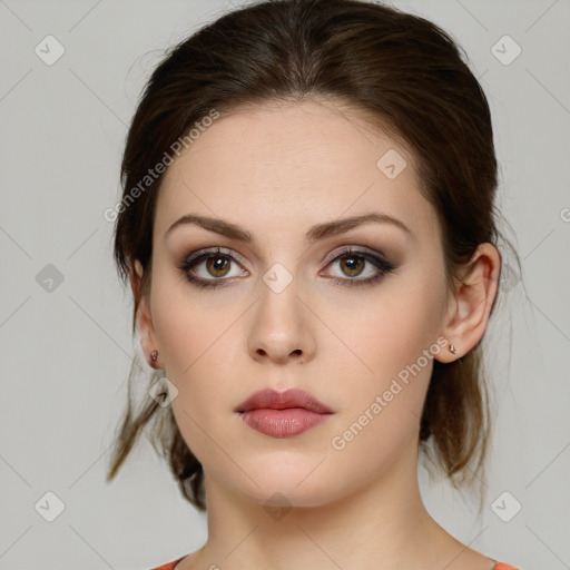 Neutral white young-adult female with medium  brown hair and brown eyes