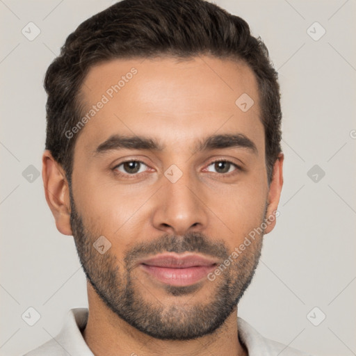 Joyful white young-adult male with short  brown hair and brown eyes