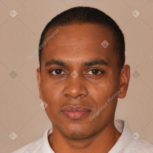Neutral black young-adult male with short  black hair and brown eyes