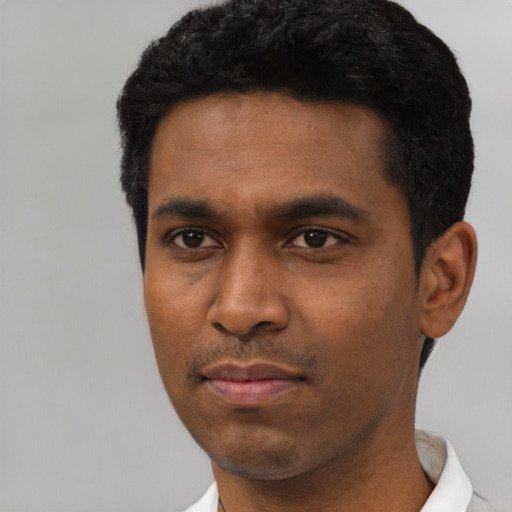 Joyful black young-adult male with short  black hair and brown eyes