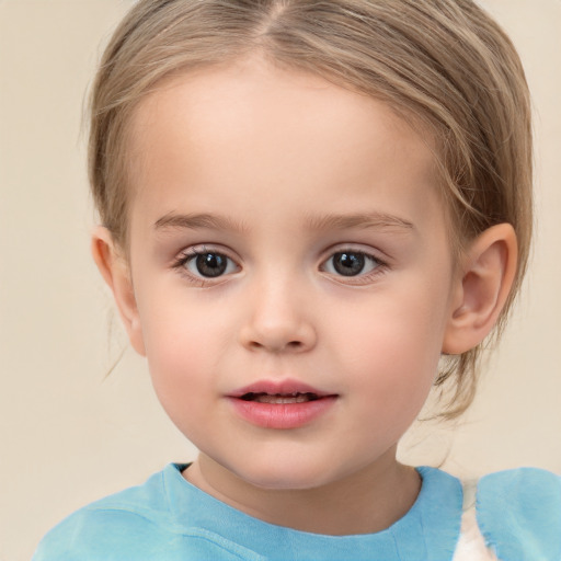 Joyful white child female with medium  brown hair and brown eyes