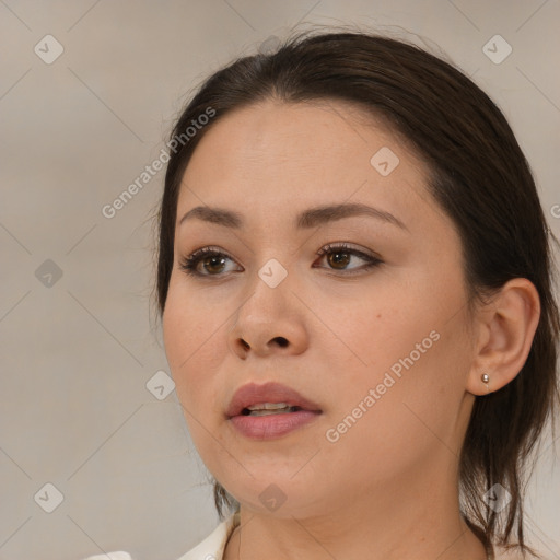 Neutral white young-adult female with medium  brown hair and brown eyes