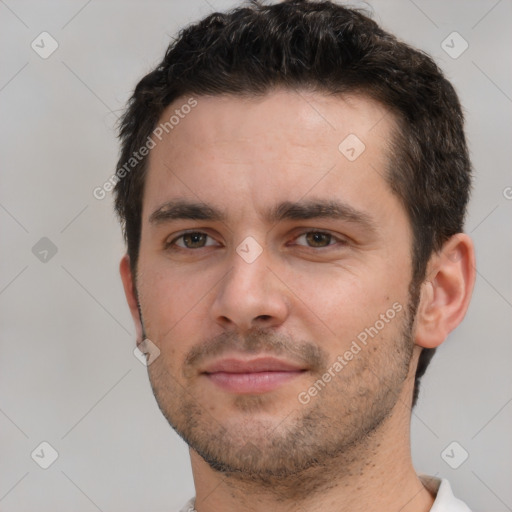 Neutral white young-adult male with short  brown hair and brown eyes