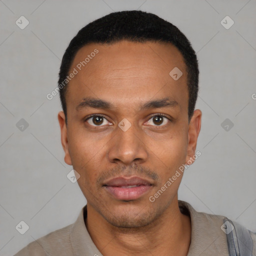 Neutral latino young-adult male with short  black hair and brown eyes