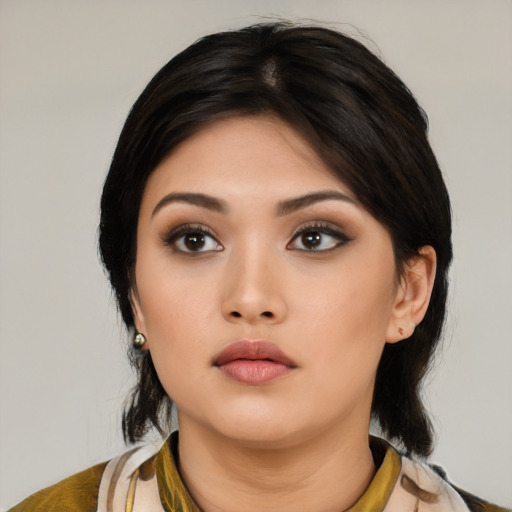 Neutral asian young-adult female with medium  black hair and brown eyes