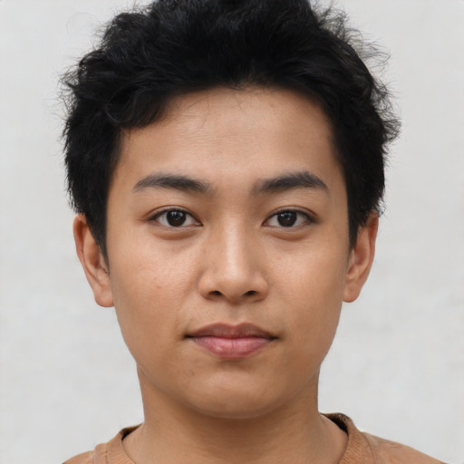 Neutral asian young-adult male with short  black hair and brown eyes