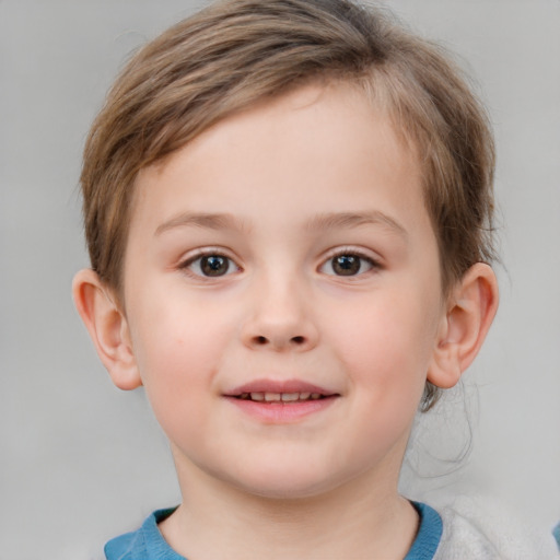 Joyful white child female with short  brown hair and brown eyes