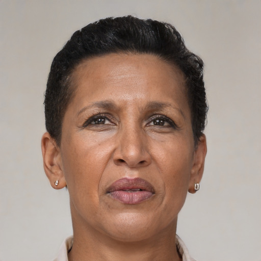 Joyful latino adult female with short  brown hair and brown eyes