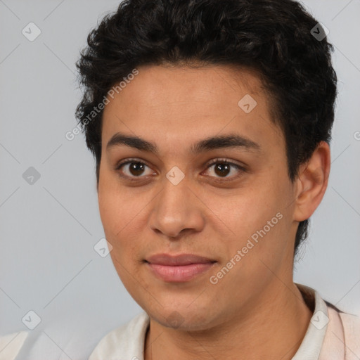 Joyful latino young-adult female with short  brown hair and brown eyes