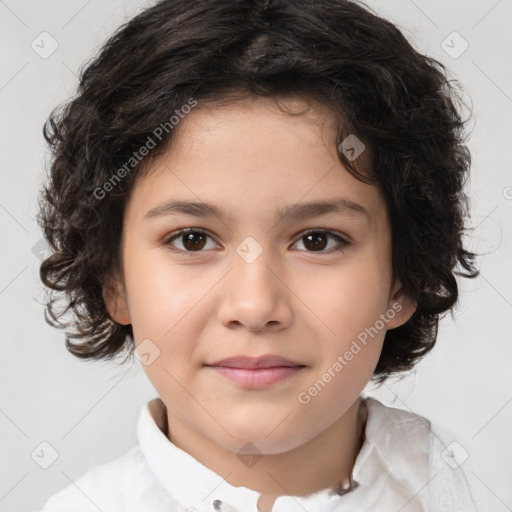 Joyful white child female with medium  brown hair and brown eyes