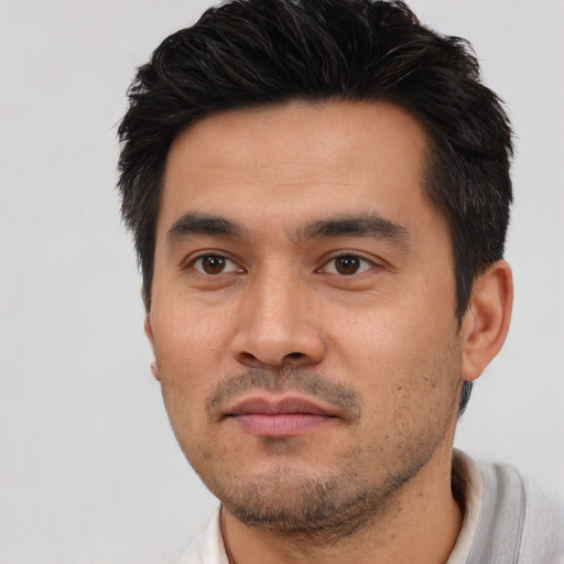 Neutral asian young-adult male with short  black hair and brown eyes