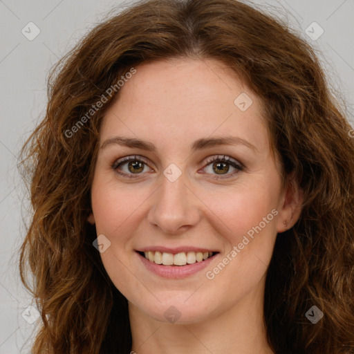 Joyful white young-adult female with long  brown hair and green eyes