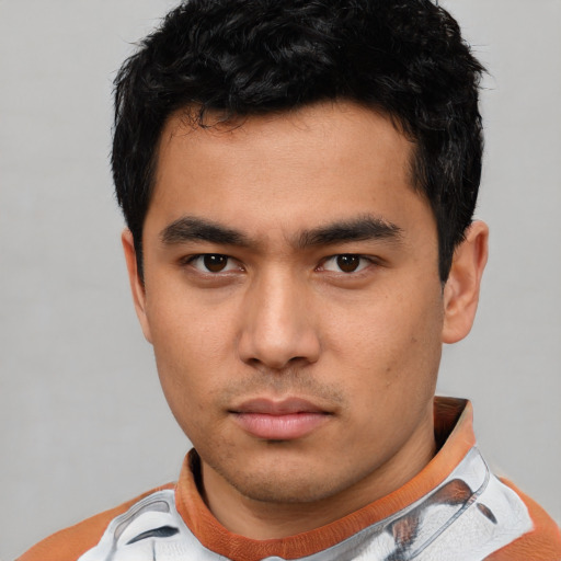 Neutral asian young-adult male with short  black hair and brown eyes