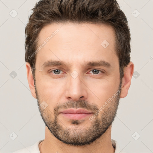 Neutral white young-adult male with short  brown hair and brown eyes