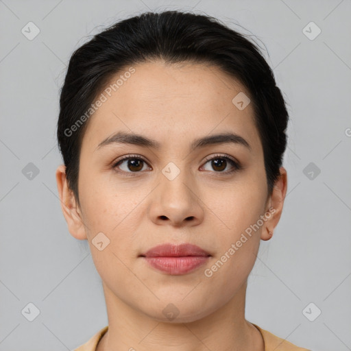 Joyful asian young-adult female with short  brown hair and brown eyes