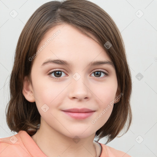 Joyful white child female with medium  brown hair and brown eyes