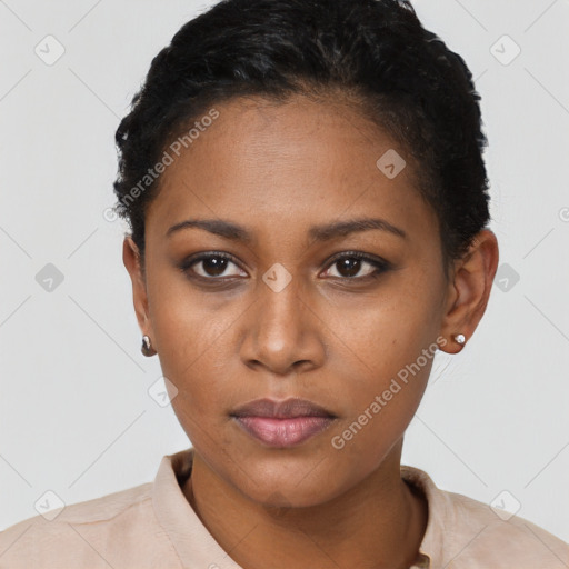 Neutral black young-adult female with short  black hair and brown eyes