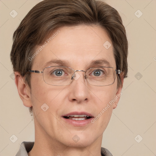 Joyful white adult female with short  brown hair and grey eyes