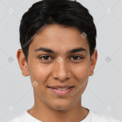 Joyful latino young-adult male with short  brown hair and brown eyes