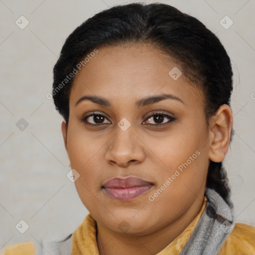 Joyful latino young-adult female with short  brown hair and brown eyes