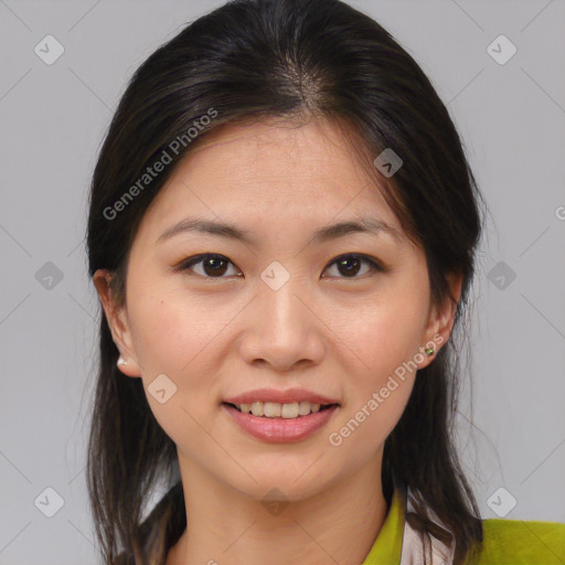 Joyful asian young-adult female with medium  brown hair and brown eyes