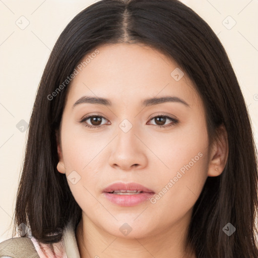 Neutral asian young-adult female with long  brown hair and brown eyes