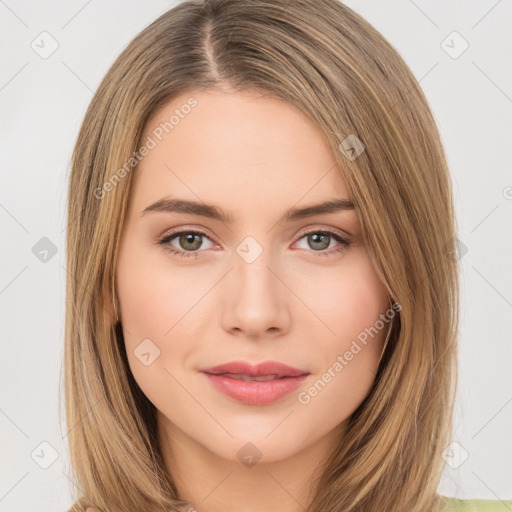 Neutral white young-adult female with long  brown hair and brown eyes