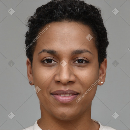 Joyful latino young-adult female with short  black hair and brown eyes