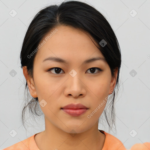 Neutral asian young-adult female with medium  black hair and brown eyes