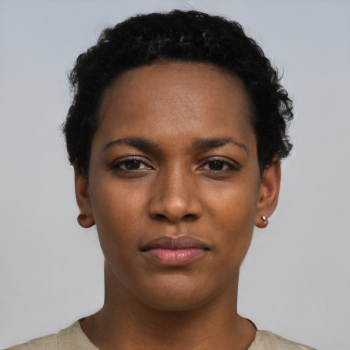 Neutral black young-adult female with short  black hair and brown eyes