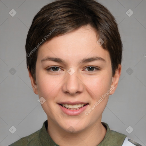 Joyful white young-adult female with short  brown hair and grey eyes