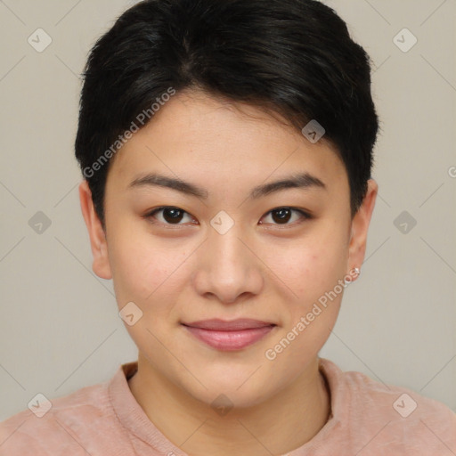 Joyful asian young-adult female with short  brown hair and brown eyes