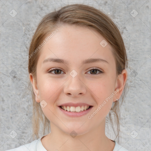 Joyful white child female with medium  brown hair and brown eyes