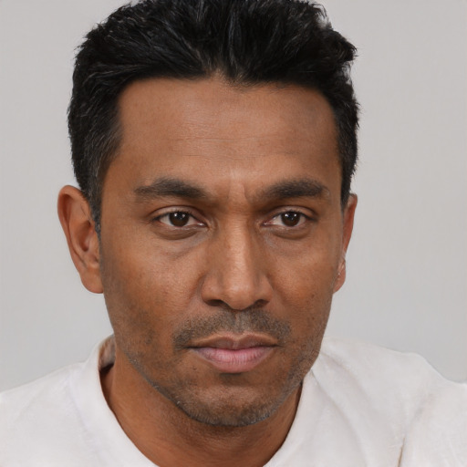 Neutral black adult male with short  black hair and brown eyes