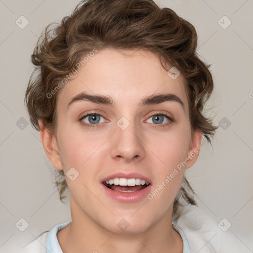 Joyful white young-adult female with medium  brown hair and green eyes