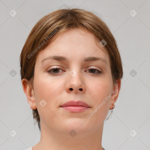 Joyful white young-adult female with medium  brown hair and brown eyes