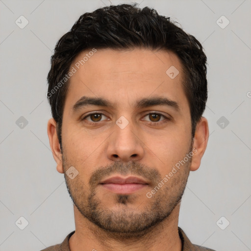 Neutral white young-adult male with short  black hair and brown eyes