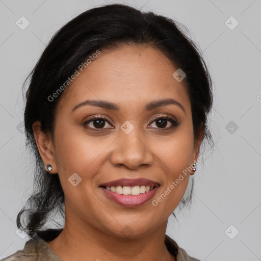 Joyful latino young-adult female with long  brown hair and brown eyes