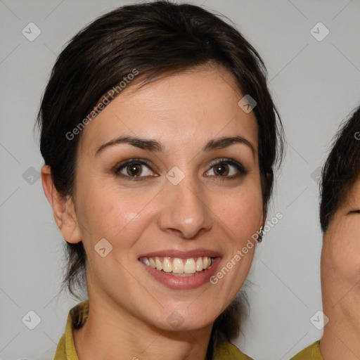 Joyful white young-adult female with medium  brown hair and brown eyes