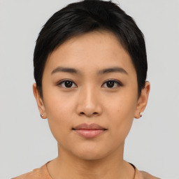 Neutral asian young-adult female with short  black hair and brown eyes