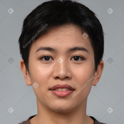 Joyful asian young-adult female with short  black hair and brown eyes