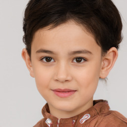 Joyful white child female with short  brown hair and brown eyes