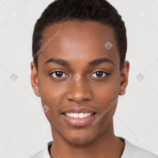 Joyful black young-adult female with short  brown hair and brown eyes