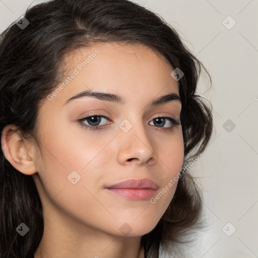 Neutral white young-adult female with long  brown hair and brown eyes