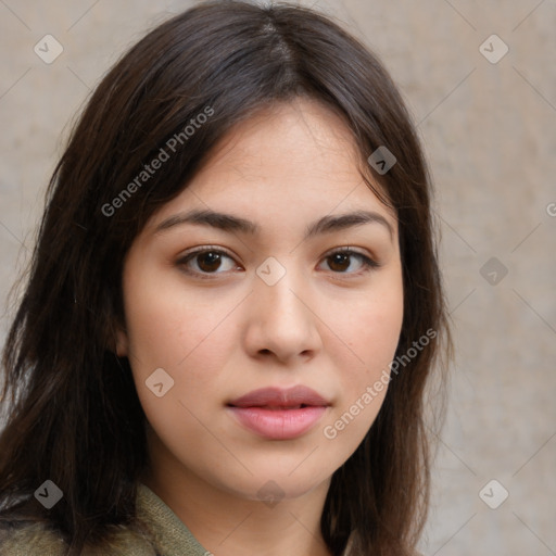 Neutral white young-adult female with medium  brown hair and brown eyes