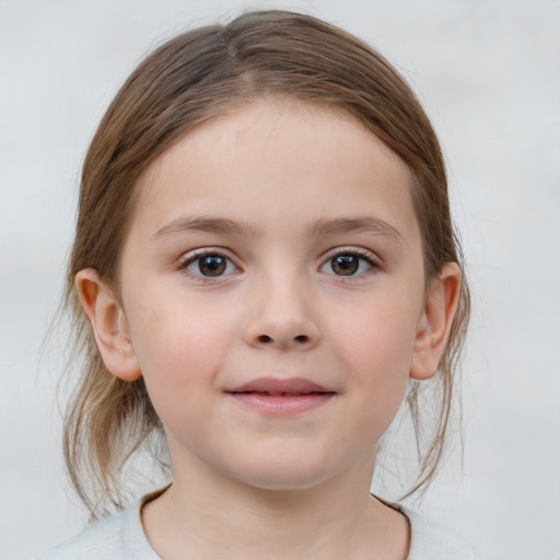 Joyful white child female with medium  brown hair and blue eyes